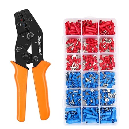 Teckmond Crimpzange Kabelschuhzange Set 0.5-2.5mm² mit 450 pcs Kabelschuhe für Isolierte Unisolierte Aderendhülsen Set