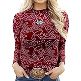 Chvity Women's Long Sleeve Mock Neck Tops Sexy See Through Mesh Going Out Tops Y2k Sheer Letter Printes Western Rodeo Outfit