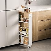 KLM 4 Tier White Slim Storage Cart with Handle, Slide Out Storage Rolling Utility Cart for Kitchen, Laundry, Narrow Places