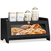 JANSNIMEN Bread Box for Kitchen Countertop, Large Bread Container Storage, Wooden Farmhouse Bread Box with Window Bread Holder (Black)