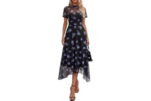 PRETTYGARDEN Cocktail Dresses for Women 2026 Summer Short Sleeve Floral Mesh Sheer Midi Party Wedding Guest Dress