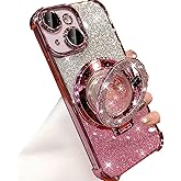 Changjia for iPhone 15 Plus Glitter Liquid Stand Case,Cute Luxury Bling Sparkle with Camera Lens Protector Flowing Ring Kickstand TPU Plating Bumper Shockproof Women Girls Case for iPhone 15 Plus,Pink