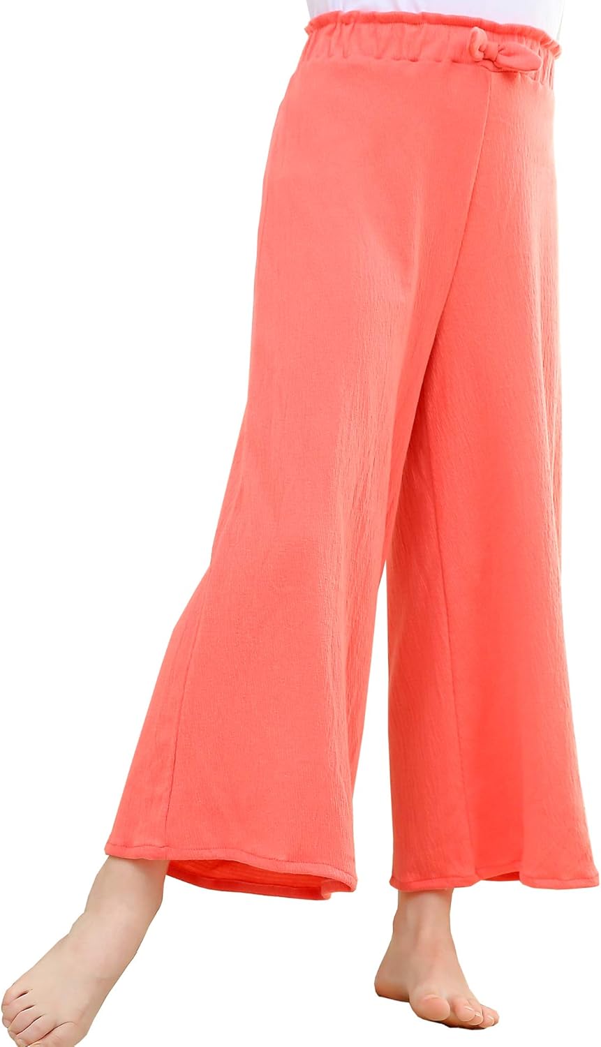 V.&GRIN Girls Wide-Leg Pants, Pull-On Tie-Waist Stretchy Lounge Pants for Girls 8-16 Years: Clothing