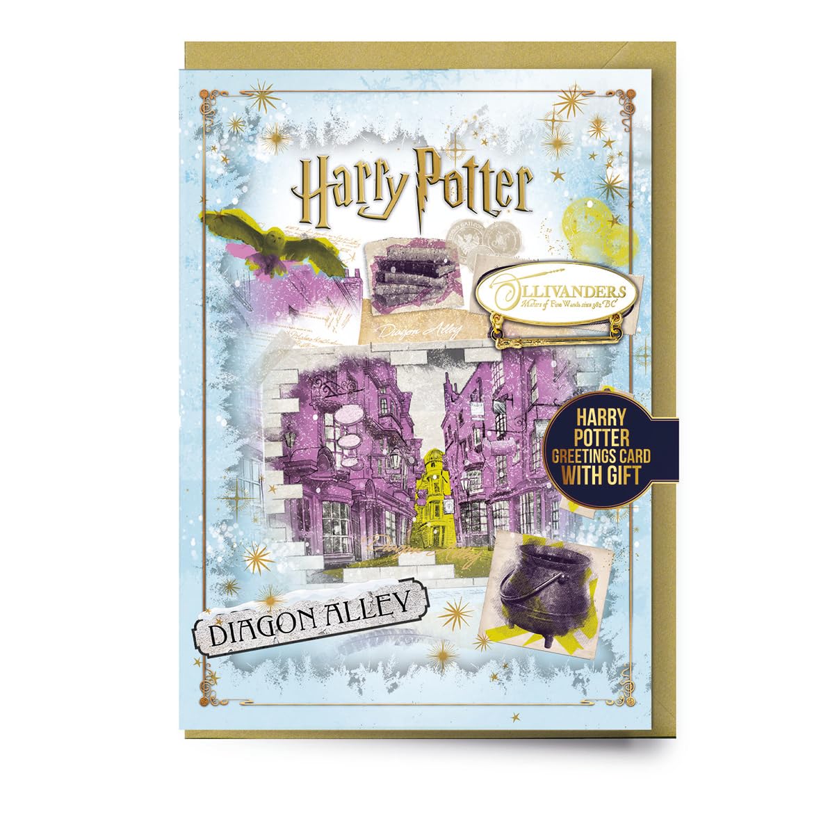 Harry Potter Diagon Alley Christmas Greetings Card with Olivanders Sign Pin Badge