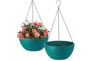 HIGSEEU 10 inch Hanging Planters for Indoor Plants, 2 Pack Planters for Outdoor Plants with Drainage Holes and Chain, Round Plastic Hanging Baskets, Hanging Flower Pots for Balcony Garden Decor-Blue Green