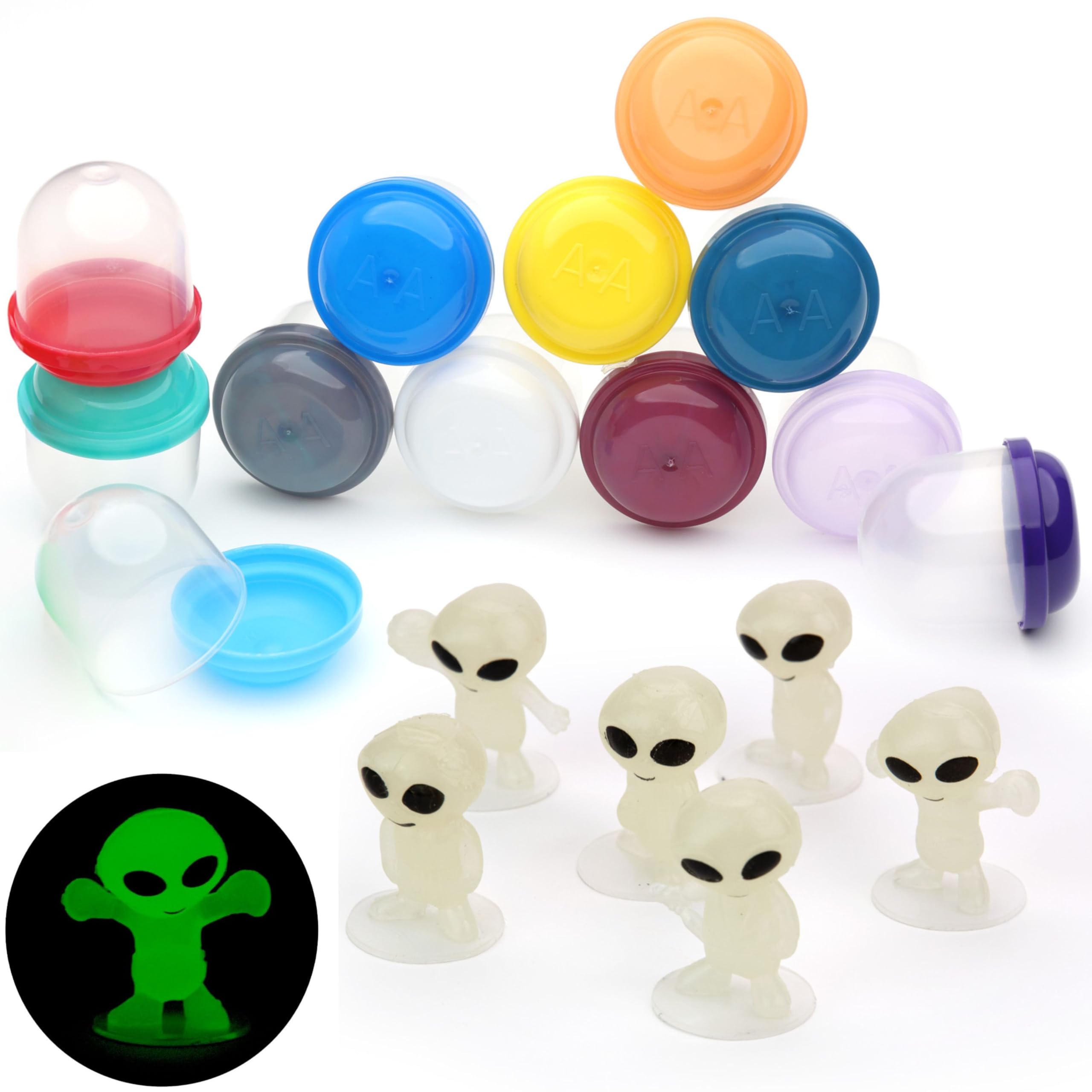 Photo 1 of Entervending Alien Toys in Capsules - 50 Pcs of 1.1 Inch Plastic Capsules & 1 Inch Glow in the Dark Alien Figurines for Kids - Party Favors - Classroom Prizes - Toys Bulk for Vending Machine Refill