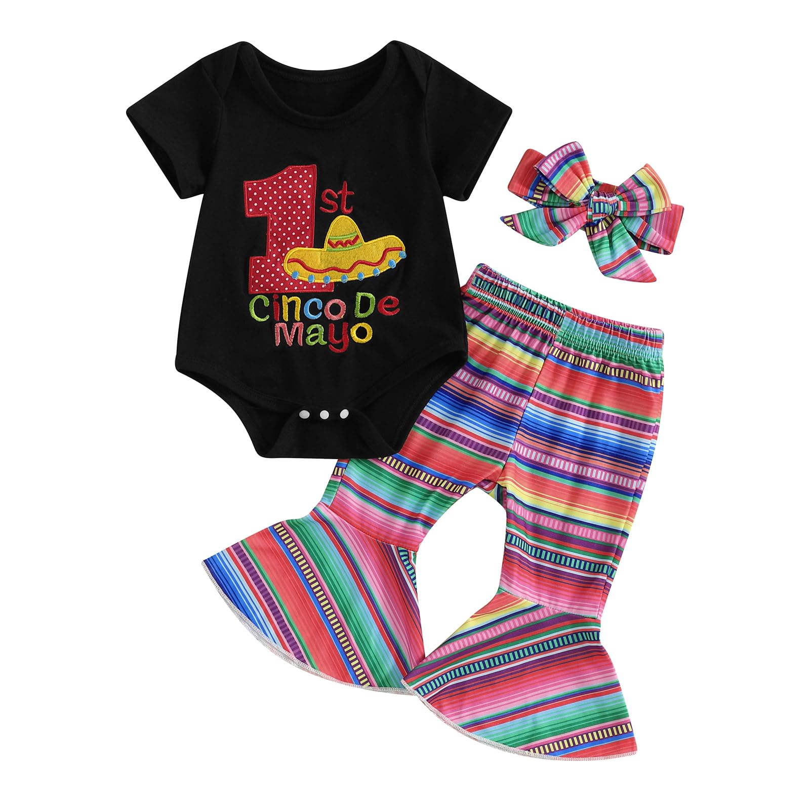 Photo 1 of Frietlebird Cinco de Mayo Baby Girl Outfit Baby Short Sleeve Romper and Bell Bottoms Pants Sets Headband Summer Clothes (A-Black,6-12 Months)