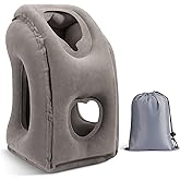 MoKo Inflatable Travel Pillow, Comfortable Neck Pillow with Storage Bag Support Shoulder and Neck to Avoid Pain for Airplane Train Office Car Travel Home, Gray