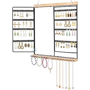 Hanging Jewelry Organizer 4-Tier Wall Earring Holder for Necklaces, Rings | Natural wood & solid metal wall jewelry rack , Du