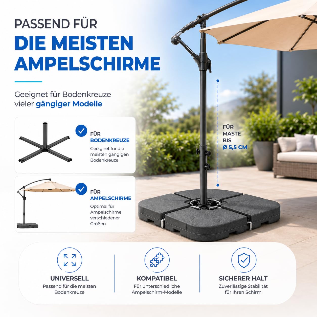 Gartiva Sonnenschirmständer für Ampelschirme – Schirmgewichte zum Befüllen für Bodenkreuze aus Kunststoff – Schirmständer Sonnenschirm Ampelschirmständer (4-Teilig bis 80 kg, Kunststoff) 3