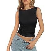 AURUZA Women's Boat Neck Double Lined Tank Tops Crop High Neck Sleeveless Tank Casual Slim Fit Cropped T Shirt Y2k