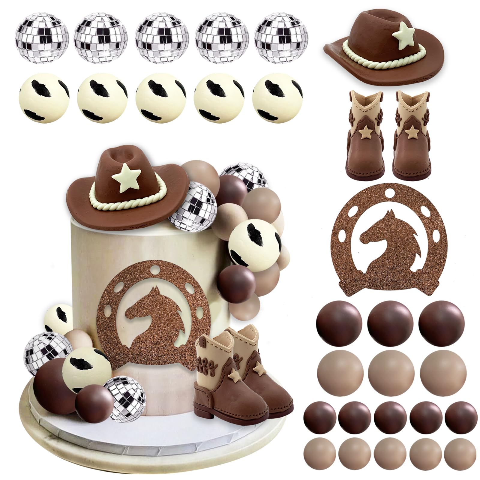 Photo 1 of UFROMSKY 34pcs Cowboy Cake Topper Western Cowboy Hat and Boot Cupcake Toppers with Balls and Horseshoe Decorations for Western Theme Birthday Party Baby Shower Supplies