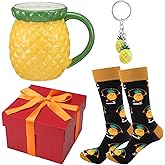 Didaey 3 Pcs Christmas Fruit Gifts Set Include Ceramic Coffee Tea Mug with Handle 1 Pair Crew Socks and Cute Keychain for Advent Calendars Christmas Birthday Friend Fruits Lovers Gift(Pineapple)