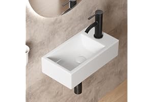 Wall Hung Sink for Bathroom, OCEALAGOON 18 x 10 White Porcelain Corner Rectangle Vessel Sink, Floating Bathroom Sink, Ceramic Wall Mount Sink Bowl, Small Wall Mount Sink