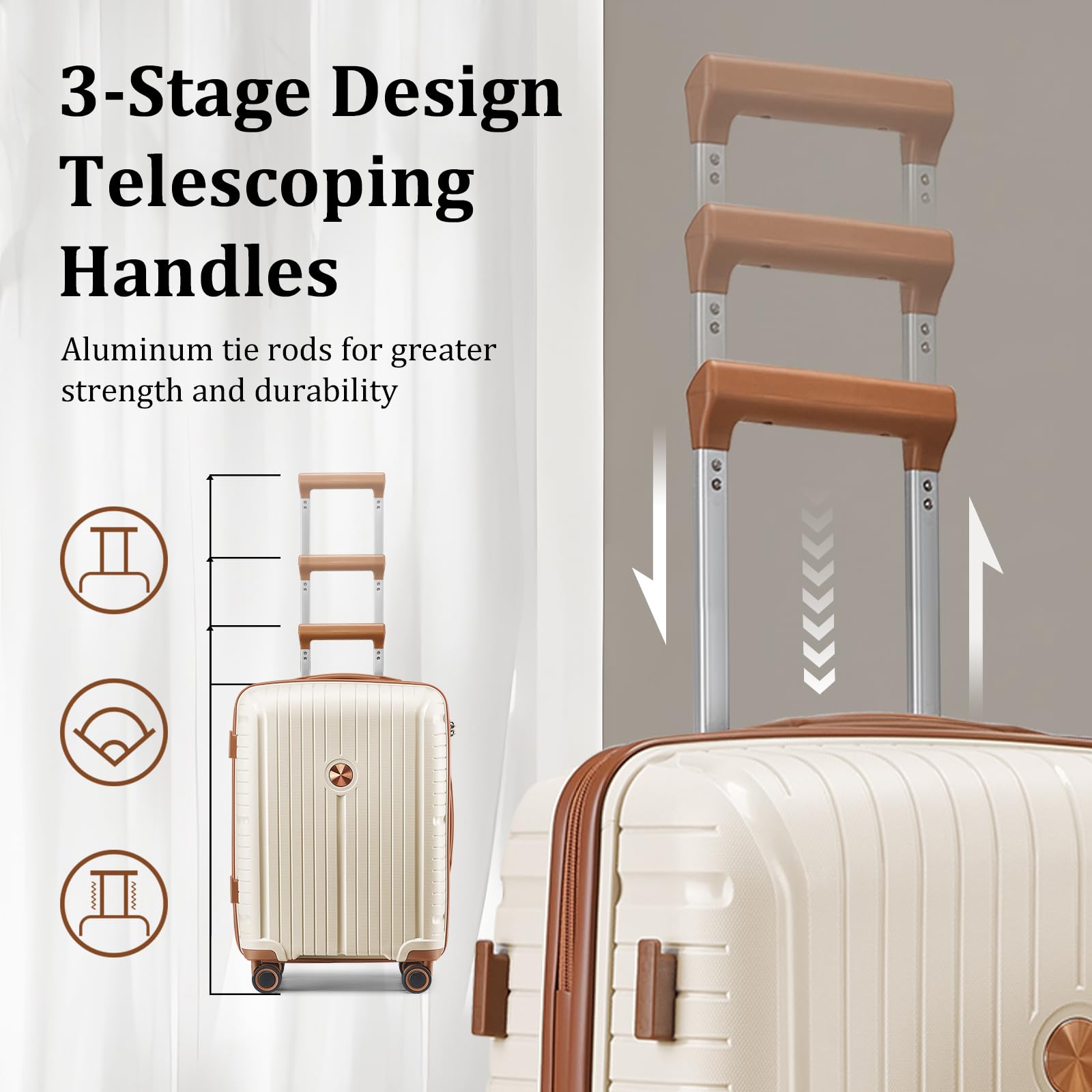 Joyway Luggage Sets 5 Piece PP Hardshell Carry on Suitcase, Travel Lightweight Carry-on with Double Spinner Wheels and TSA Lock, Beige Brown