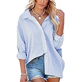 Flowyair Women's Oversized Button Down Shirts Business Casual Long Sleeve Blouse Work Striped Tops