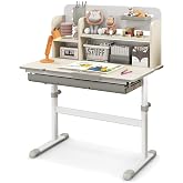 HONEY JOY Kids Desk, Children School Study Desk w/ 7-Level Tiltable Desktop, Height Adjustable Table w/Bookshelf, Pull-Out Drawer &amp; Pen Holder, Student Writing Workstation, Desk for Girls Boys (Gray)