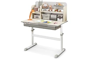HONEY JOY Kids Desk, Children School Study Desk w/ 7-Level Tiltable Desktop, Height Adjustable Table w/Bookshelf, Pull-Out Drawer & Pen Holder, Student Writing Workstation, Desk for Girls Boys (Gray)