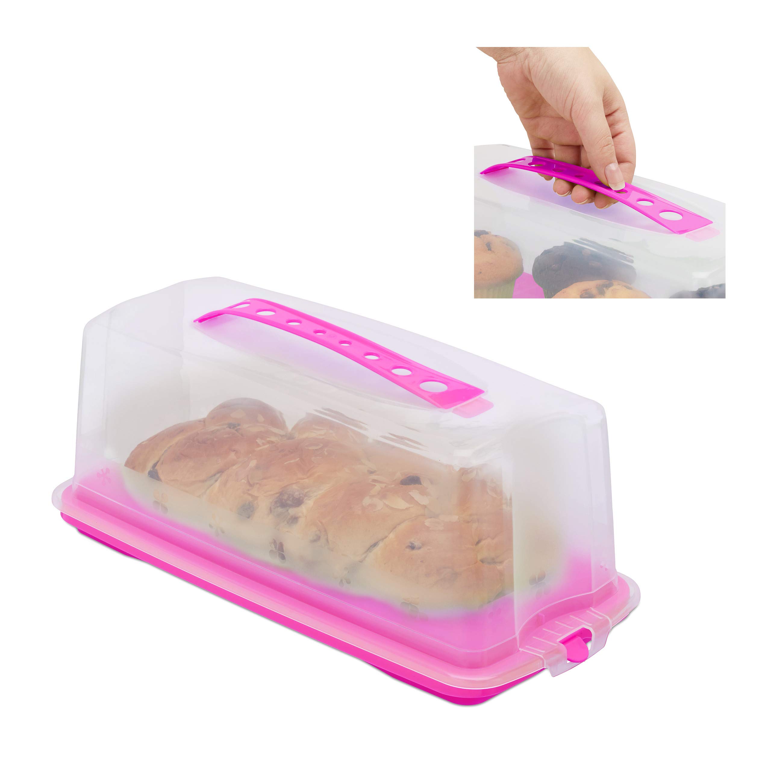 Relaxdays Cake Carrier, Rectangular with Handle and Lid, Transport Container, HxWxD: 15 x 37 x 16 cm, Pink/Clear