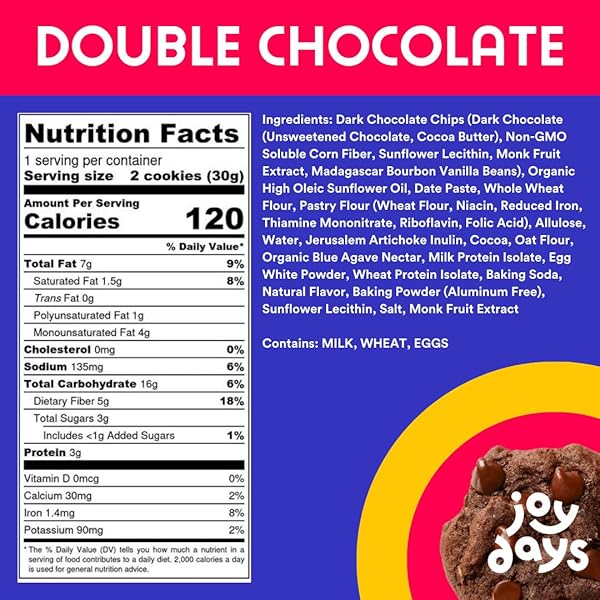 JOYDAYS CHOCOLATE COOKIES, LOW SUGAR, HEALTHY SNACKS FOR ADULTS AND KIDS, SNACK PACKS, LOW GLYCEMIC SOFT BAKED COOKIE FOR BREAKFAST OR DESSERT, 3G PROTEIN, 3G SUGAR, 5G FIBER (6-PACK, DOUBLE CHOCOLATE CHIP)