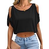 Hilinker Women Cut Out Crop Tops Sexy Going Out Tees Summer Cold Shoulder T Shirt