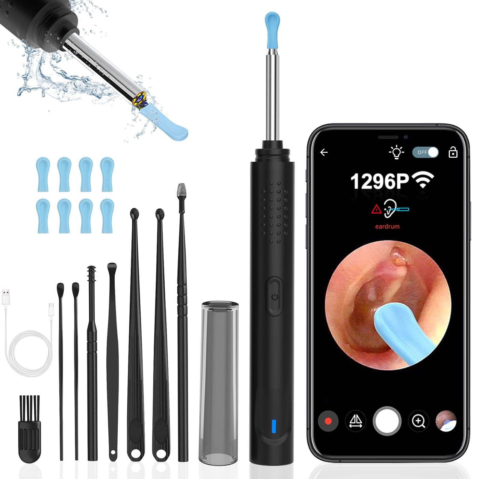 Ear Wax Removal, Ear Cleaner with Camera with 1296P, Earwax Removal kit with 9 Ear Pickand 8 Traditional Tools, Built-in WiFi lP67 Waterproof, Ear Cleaning Kit foriPhone,iPad,Android (Black)