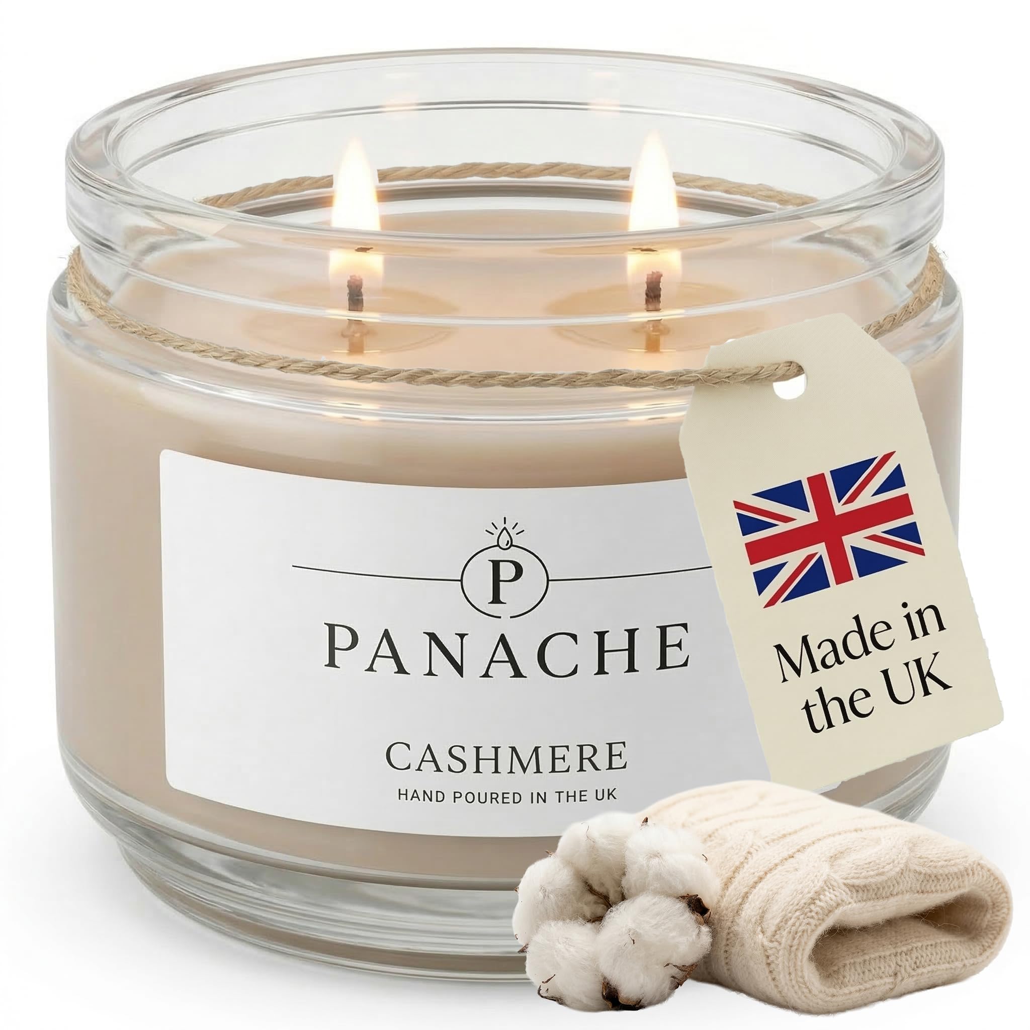 Panache Cashmere Scented Candle – Double Wick Soy Wax Candle, 48 Hour Burn Time, Hand Poured in UK, Clean Burning Cotton Wicks, Luxury Glass Jar Candle for Home Fragrance & Gifts (320g)