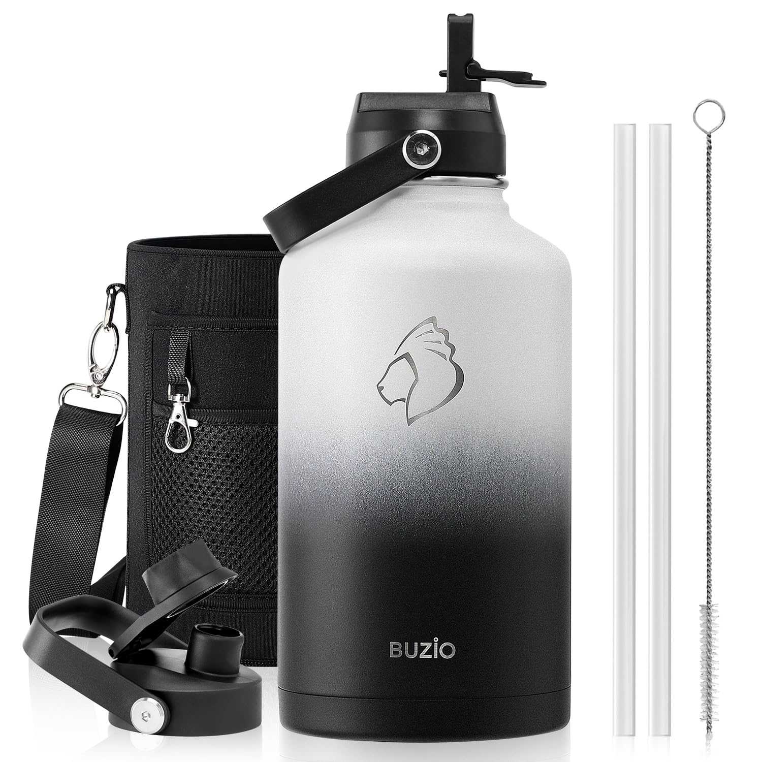 Photo 1 of BUZIO 64oz Insulated Water Bottle with Straw Lid and Flex Cap, Stainless Steel Powder-Coat Water Flask, Keep Beverage Cold for 48 Hrs Hot for 24 Hrs Simple Thermo Canteen Mug, White and Black