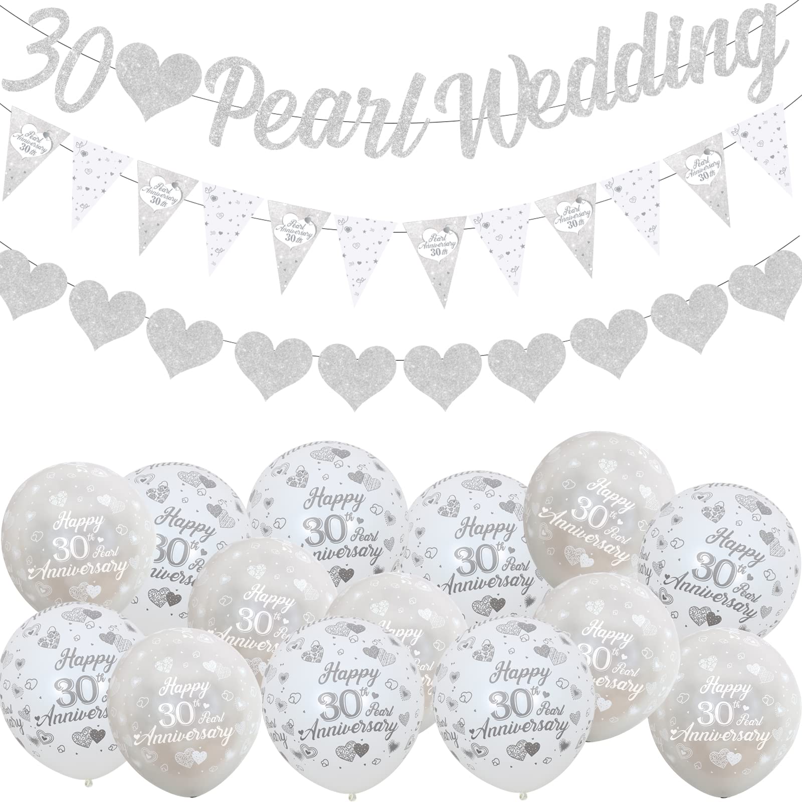 Fangleland 30th Anniversary Decorations Pearl, 30th Silver Wedding Glitter Banners, Bunting Flag and Balloons for Anniversary Party Supplies