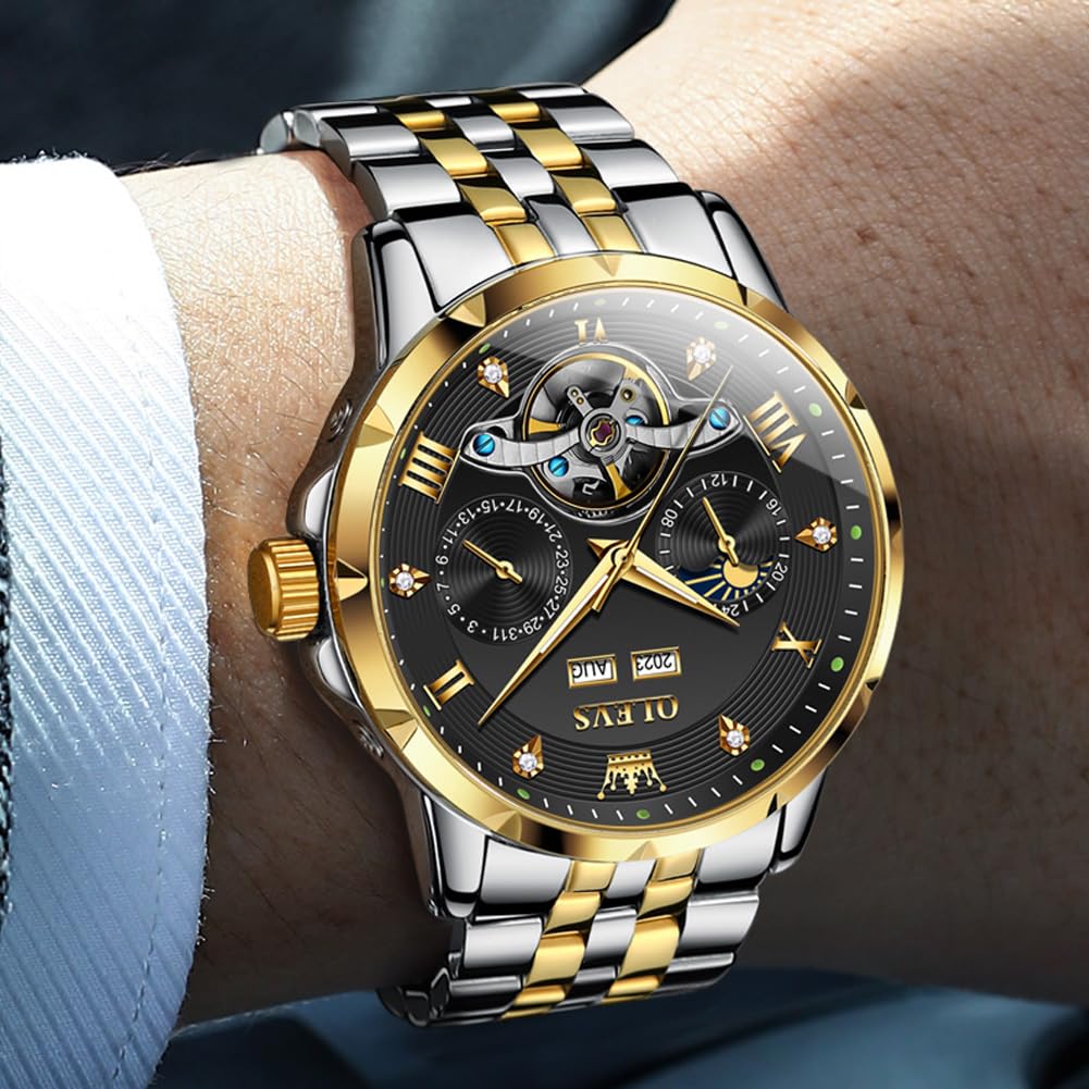OLEVS Men's Mechanical Wristwatch, Automatic Winding, Moon Phase, Stylish, Skeleton, Waterproof, Popular, Luminous Watch for Men, Black & Gold