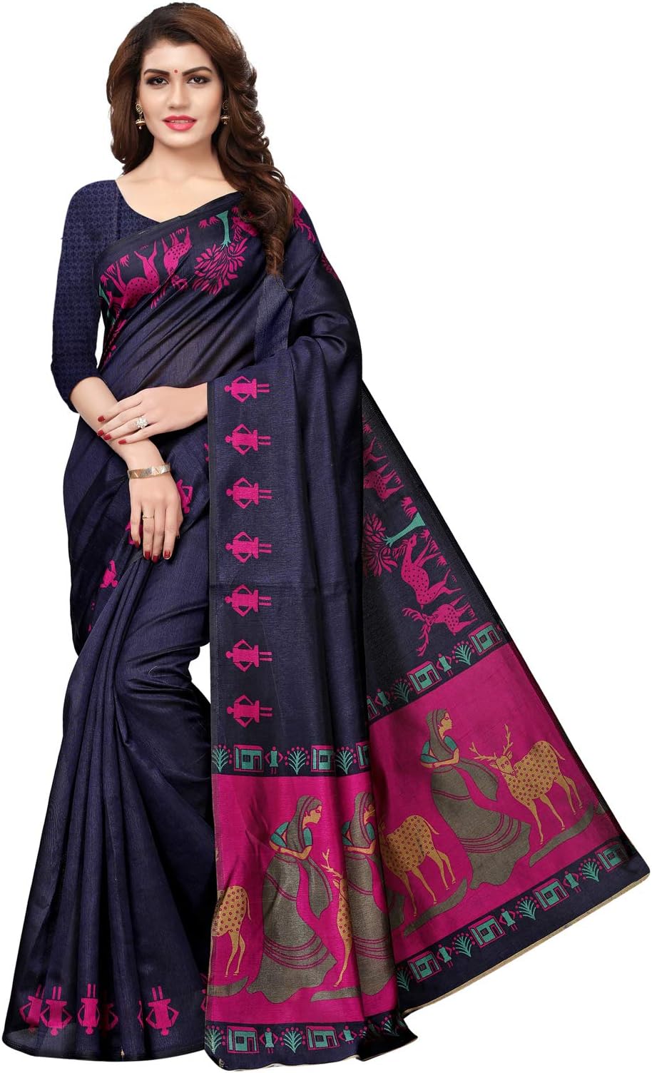 Kanchnar Women's Art Silk Printed Saree with Unstitched Blouse