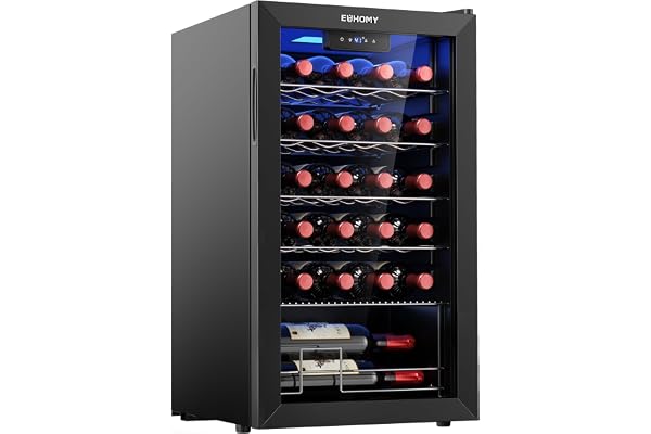 EUHOMY 25 bottle Wine Cooler Refrigerator, Freestanding Compressor Wine Fridge with Adjustable Temperature and Digital Control, Mini Fridge with Glass Door for Red White Wine, Beer, Black