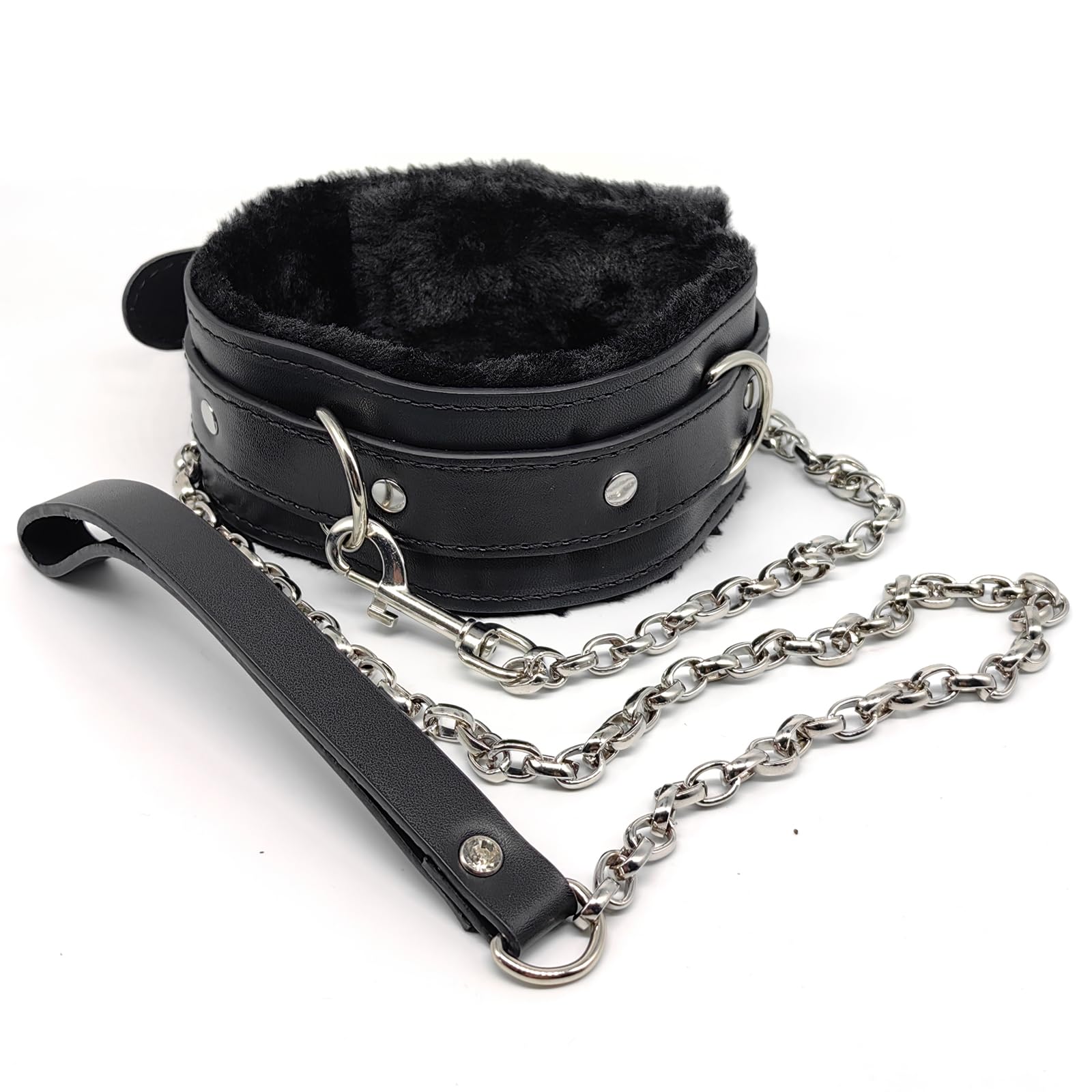 Photo 1 of Gothic Leather Choker Collar, Soft Fur Lining Collars Necklace - 100cm Detachable Leash Chain - Heavy-Duty Buckle & Metal D-Ring Leather Collar,Black