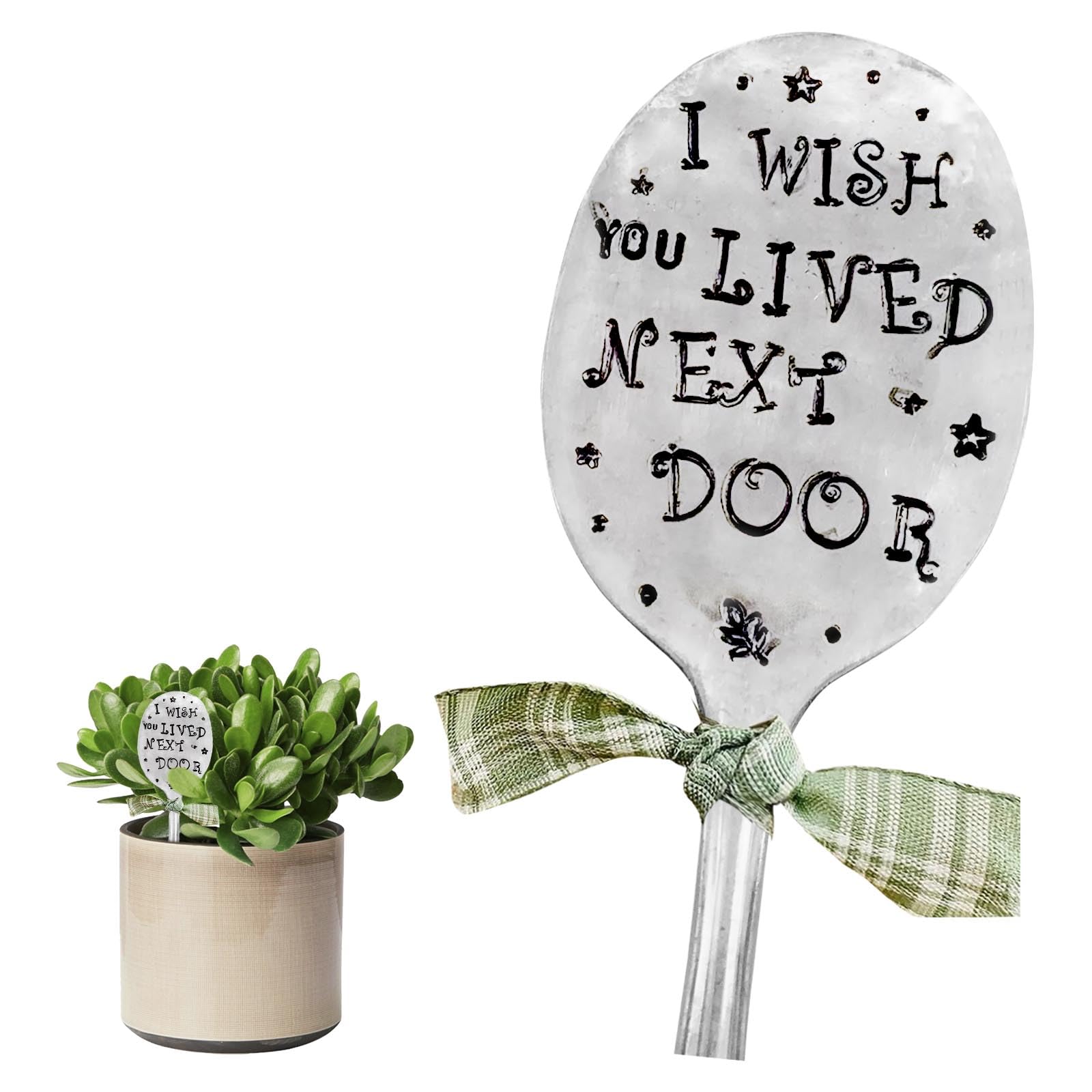 GWAWG 1PCS Garden Marker Friendship Gift, Silver Stamped Spoon Plant Markers, Funny Humor Plant Label Gift, Creative Plant Markers Spoon for Plants, Herbs or Flowers (I Wish You Lived Next Door)
