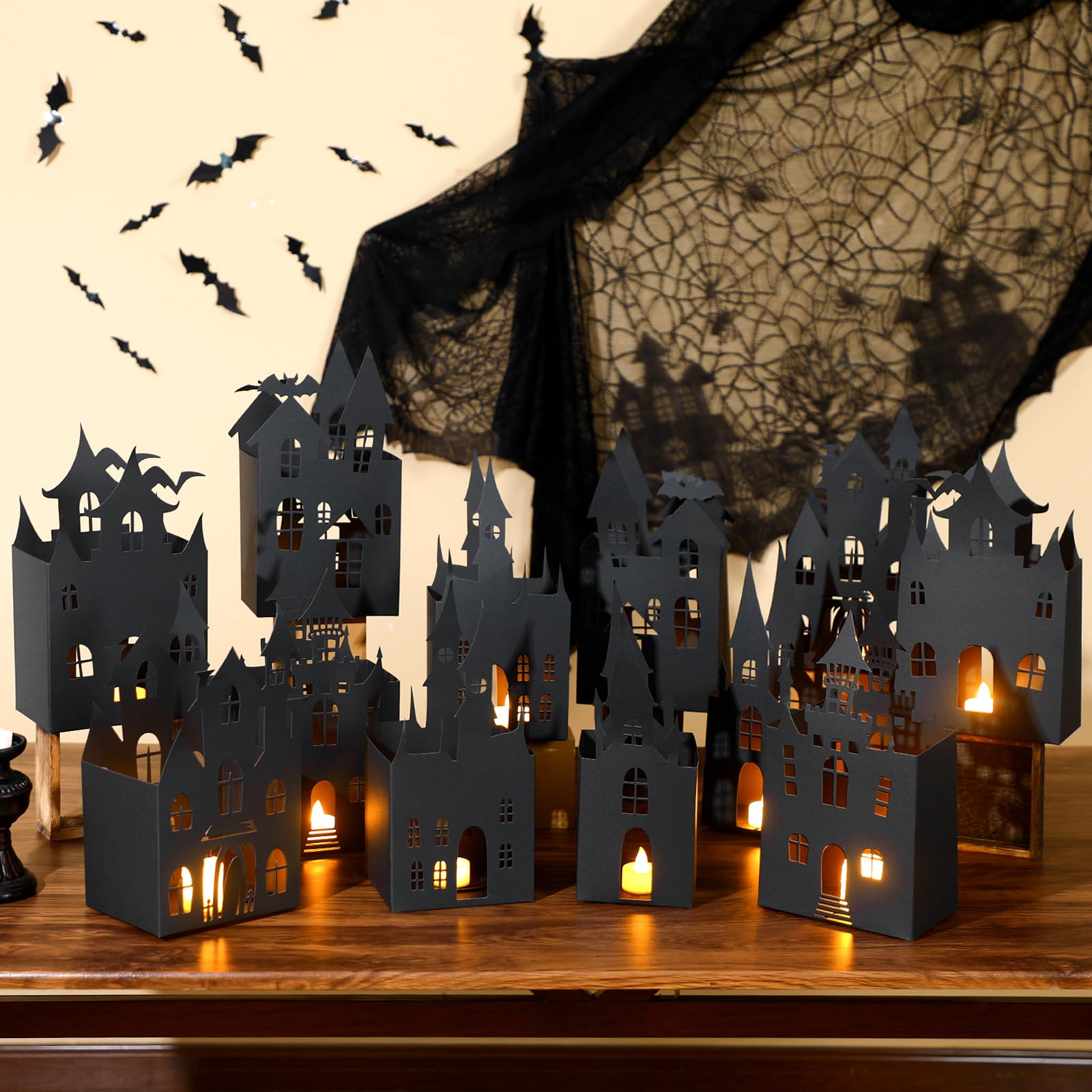 Photo 1 of Chivertion 12 Pcs 11.8 Inch Halloween Haunted House Lantern Sets 3D Paper Hollowed out Lantern Black Spooky Haunted House Decor Village Castle Centerpieces for Indoor Outdoor Halloween Decoration