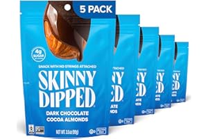 SkinnyDipped Dark Chocolate Cocoa Almonds, Healthy Snack, Plant Protein, Gluten Free, 3.5 oz Resealable Bags (Pack of 5)