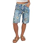 Flamingals High Waisted Bermuda Shorts for Women Knee Length Floral Print Stretchy Summer Denim Shorts Trendy