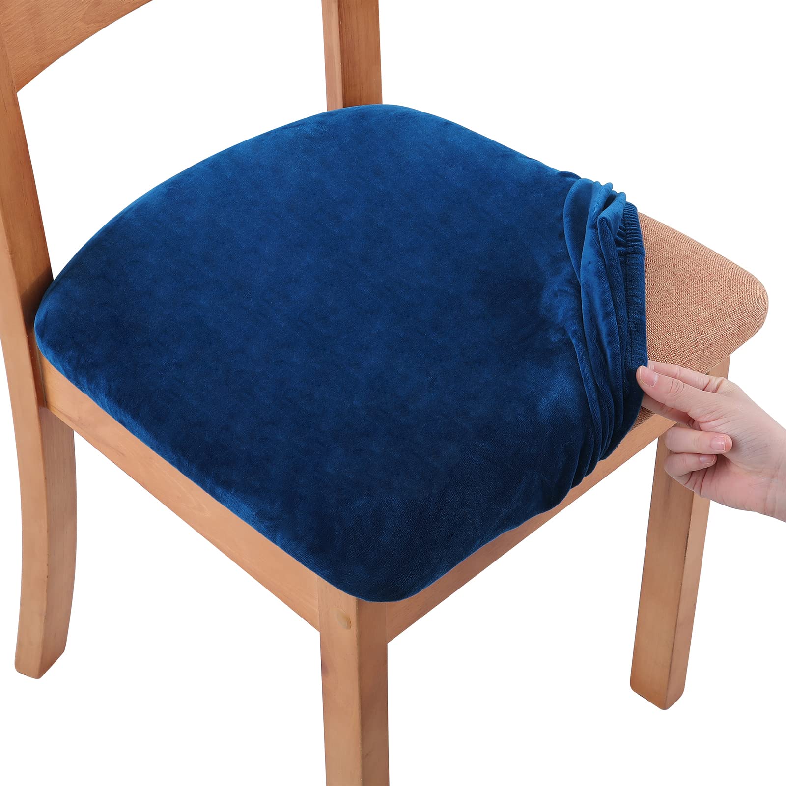 Photo 1 of Smiry Velvet Seat Covers for Dining Room Chair Set of 2, Stretch Fit Removable Washable Chair Seat Cushion Protector Slipcovers with Ties, Federal Blue