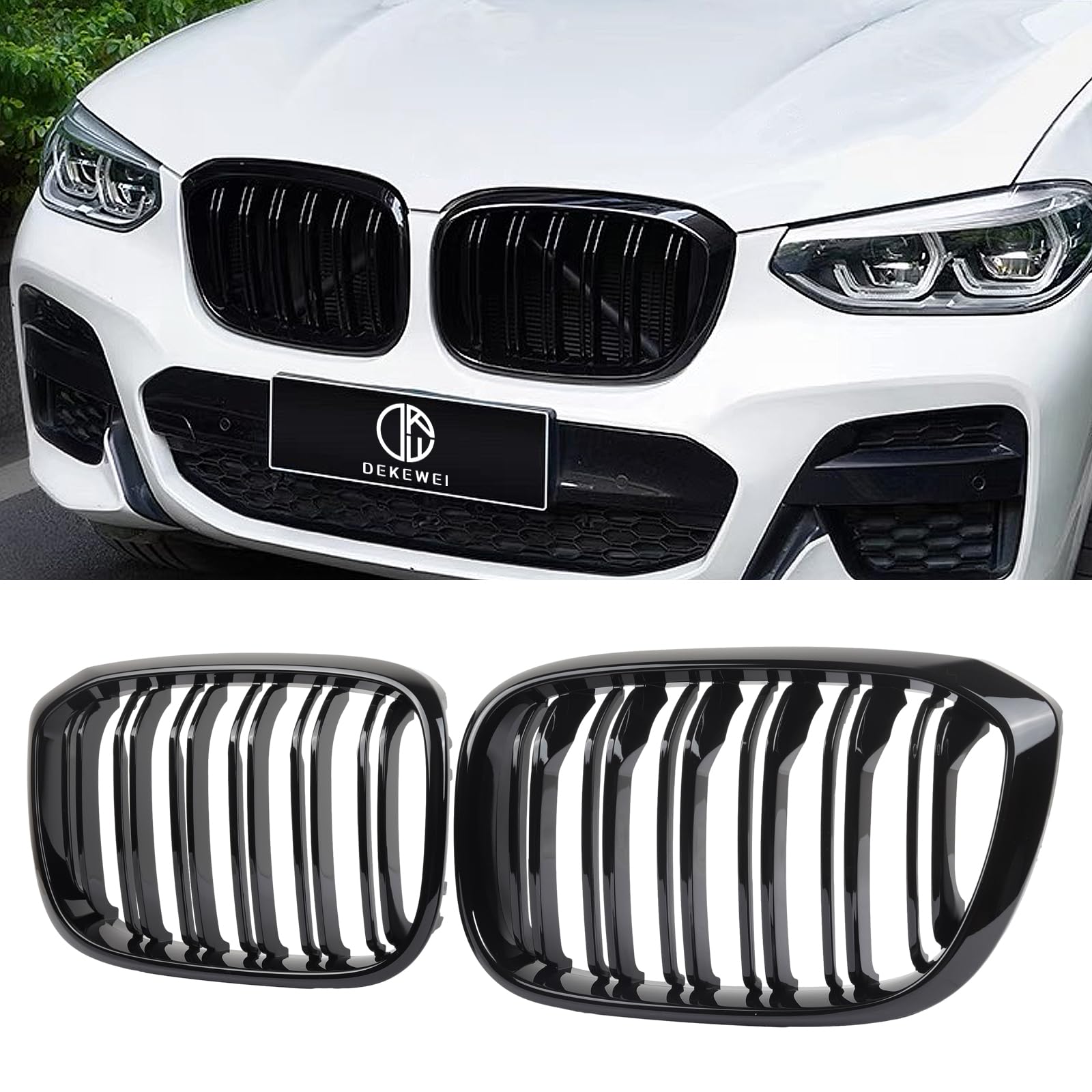 Photo 1 of DEKEWEI G01 G02 Grille,Front Kidney Grill Compatible with 2018-2021 X3 G01,2019-2021 X4 G02 Double Slats Gloss Black Grill