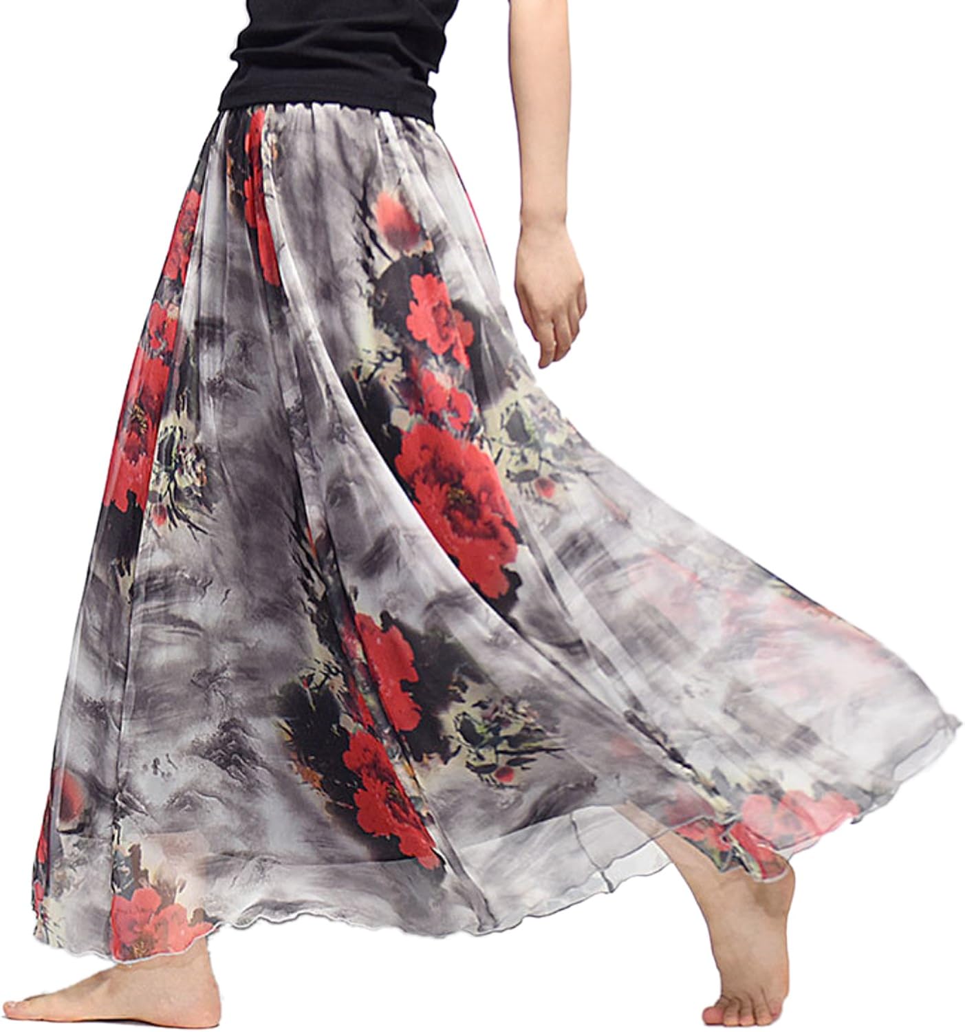 Elonglin Womens Chiffon Long Skirt Floral Printing Maxi Skirt With