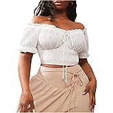 WDIRARA Women's Plus Size Off The Shoulder Ruffle Crop Tops Tie Front Smocked Blouse Shirts