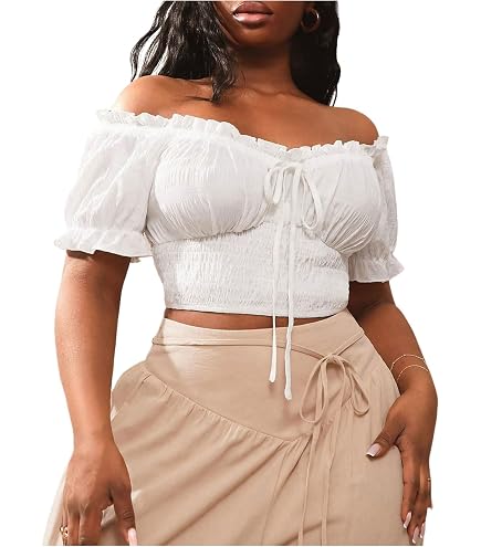 【極美品】HEVE Puff Shoulder Tops SOLY HUX Women's Plus Size Drawstring Ruched Front Off Shoulder