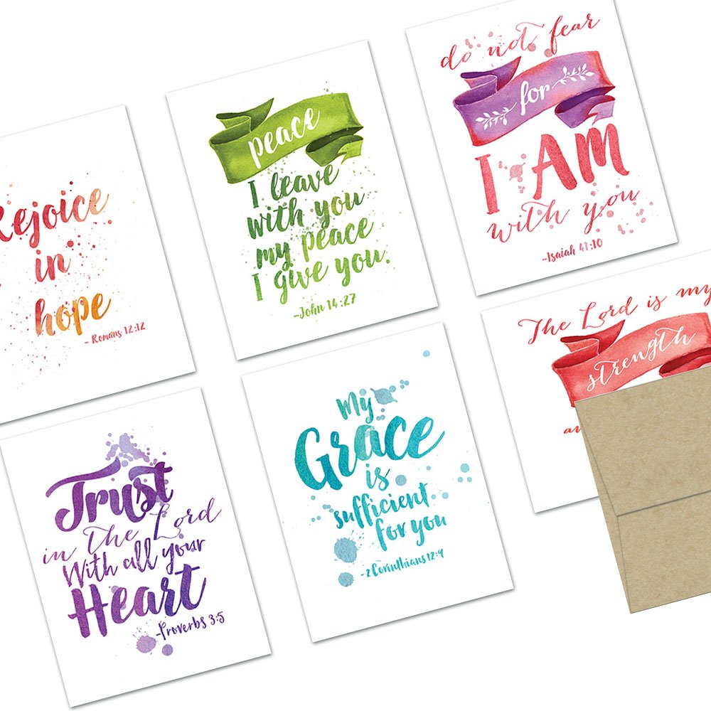 Note Card Cafe Religious Card Assortment with Envelopes | 36 Pack | Blank Inside, Glossy Finish | 6 Various Watercolor Scripture Designs | Bulk Set for Church, Friends, Appreciation, Spiritual