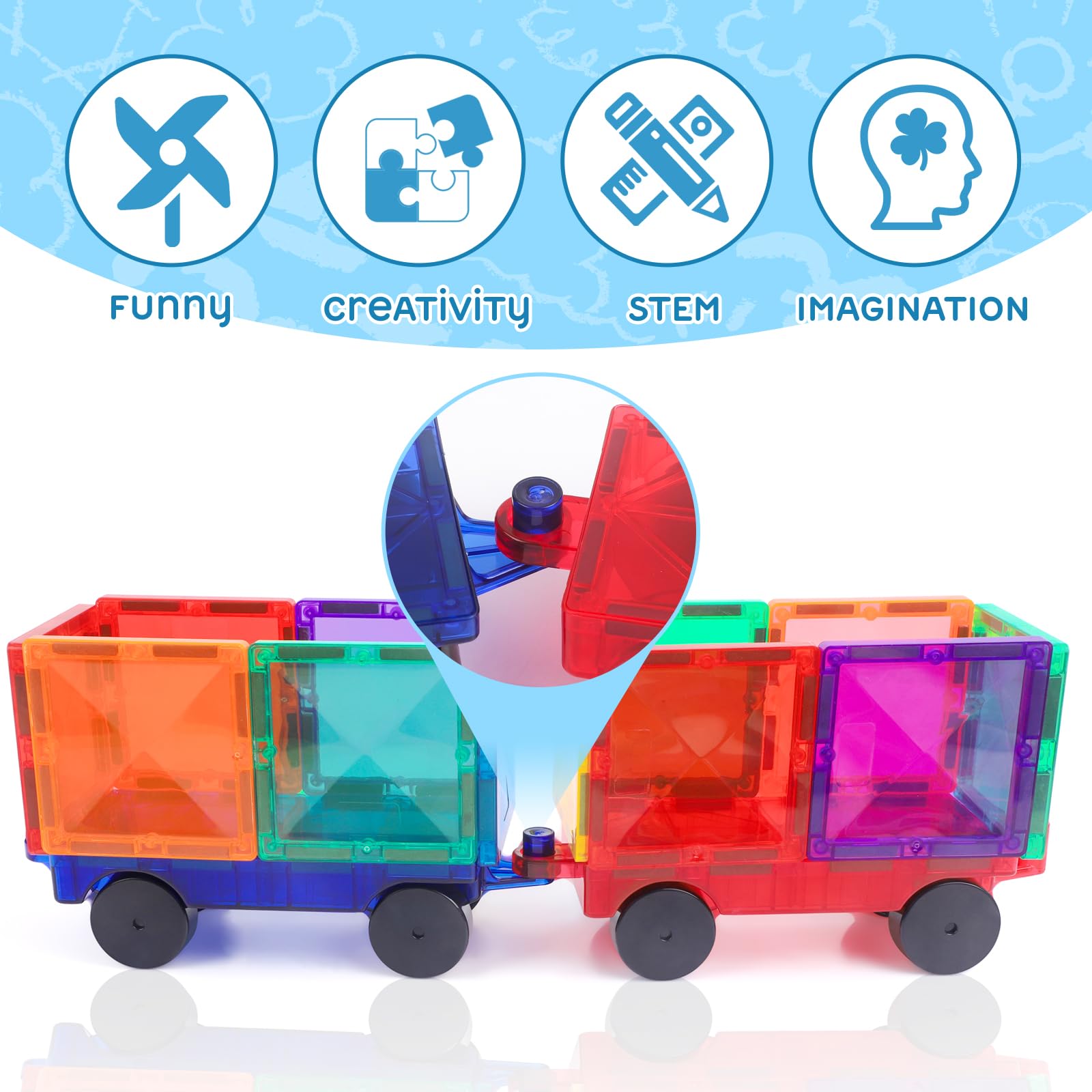 Magnetic Tiles Cars Construction Set - 2 PCS Red & Blue Magnetic Tiles Magnet Bricks Truck Sensory Toys, Educational Magnet Cars Set Building Blocks Toddler Toys for 3 4 5 6+ Year Old