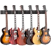hjooytoi Guitar Wall Mount, Woodgrain Rack with 6 Adjustable Guitar Hangers, Guitar Wall Hanger with Pre-Drilled Holes, 48" Alloy Steel Multiple Guitar Holder Stand,Black