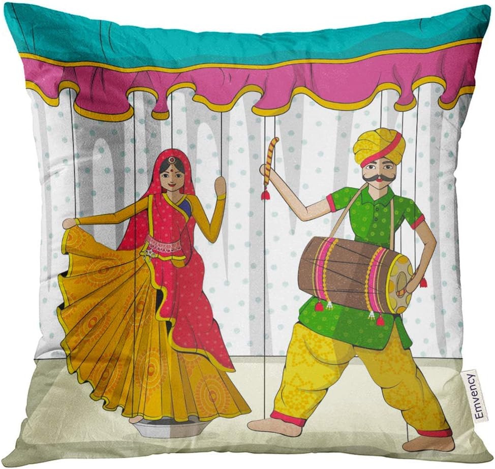 Cupsbags Throw Pillow Cover Rajasthan Design of Colorful Rajasthani Puppet in Indian Style Traditional Decorative Pillow Case Home Decor Square 18x18 Inches Pillowcase