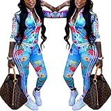 Two Piece Tracksuit Stripes Flower Print Zip Up
