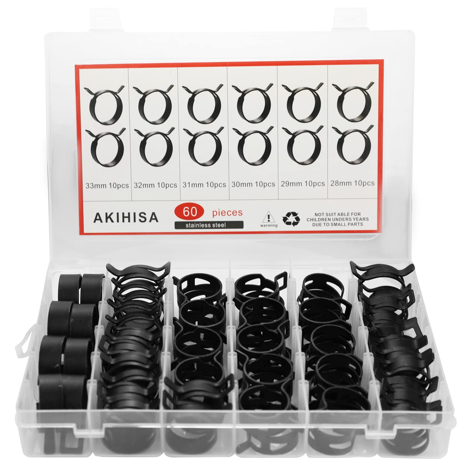 Photo 1 of AKIHISA 60 Pcs 28-33mm Spring Hose Clamp, Spring steel 65Mn Fuel Hose Clamp, 6 sizes for Silicone Vacuum Fuel Oil Hose Line Clamps