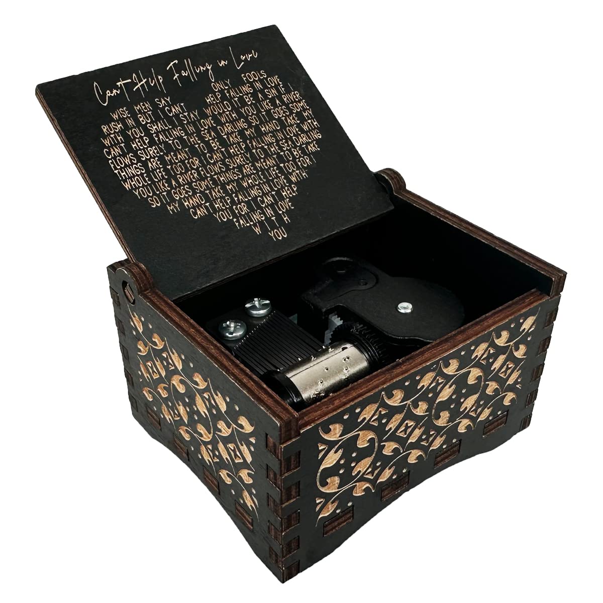 Mini Music Box 18 Note Hand Crank Engraved Wood Music Box for Dear Wife Girlfriend Valentine Xmas Wedding Anniversary Present (Can't Help Falling in Love-Wind up)