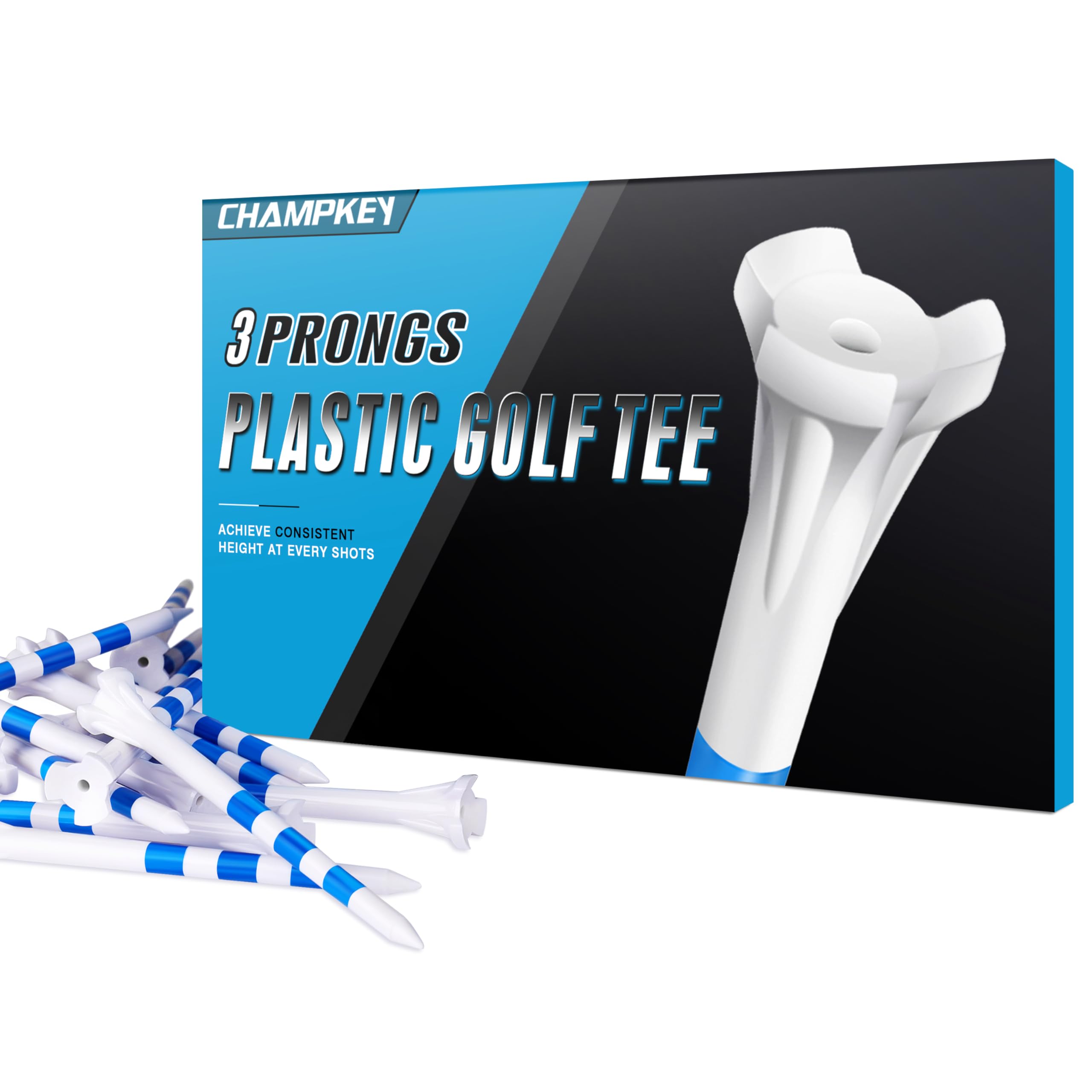 CHAMPKEY Premium 3-Prongs Golf Tees, 83mm & 70mm (3-1/4" & 2-3/4"), 50/100 Pack - Low Friction Plastic Tees to Improve Swing Accuracy & Reduce Resistance